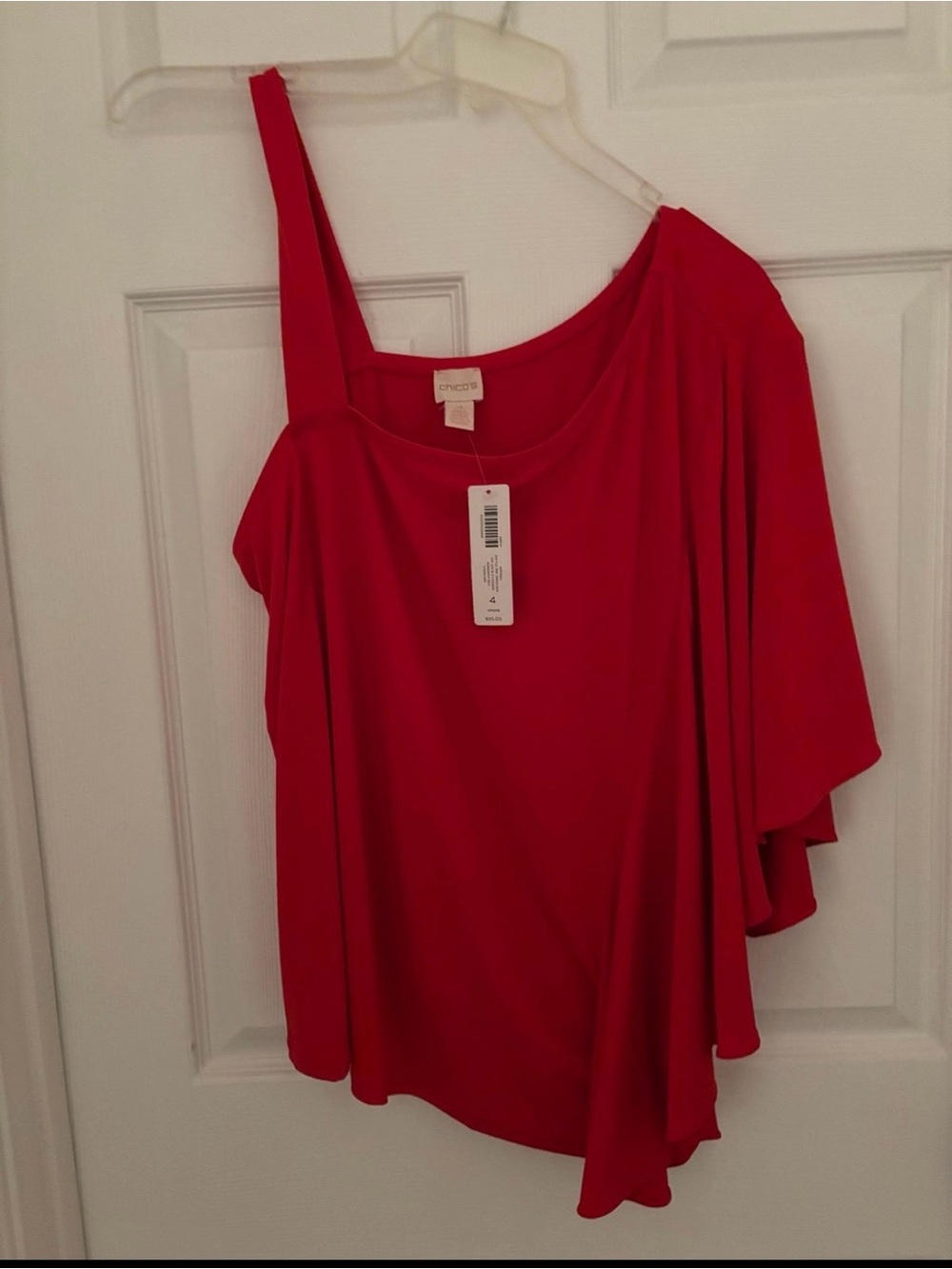 Chico's Ruffled Top One-Shoulder Draped Top in Bright Red, Size 4 (20/22 XXL)
